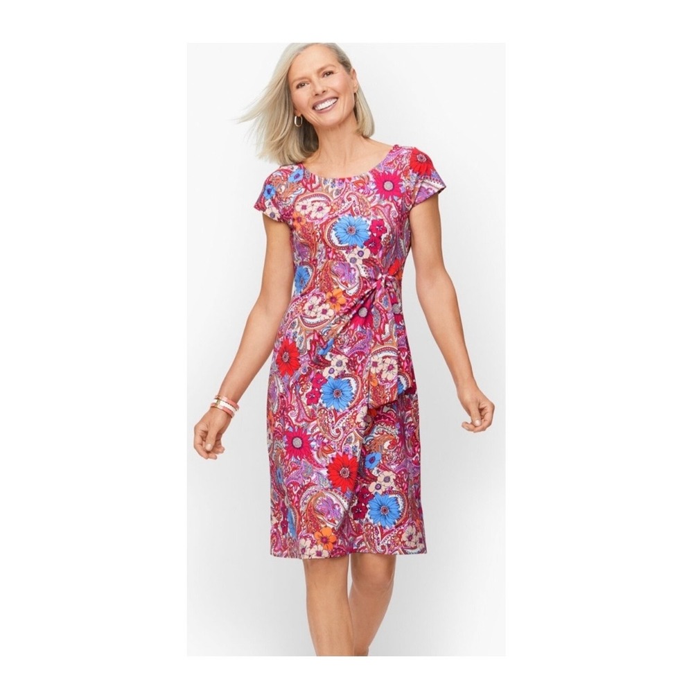 Talbots Womens Dress Shift Paisley Floral Side Tie Cotton Jersey Plus Size